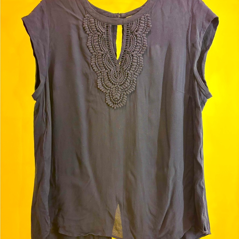 Daniel Rainn Navy Crochet-Front Sleeveless Blouse